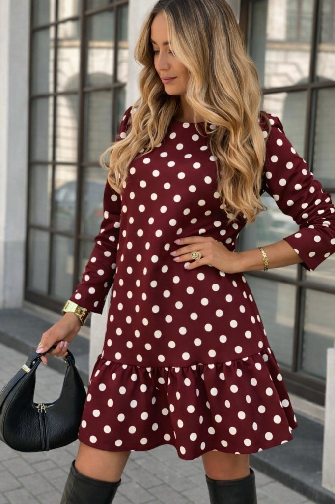 Women's Long Sleeve Crew Neck Ruffled Polka Dot Short Modal Dress, 31540