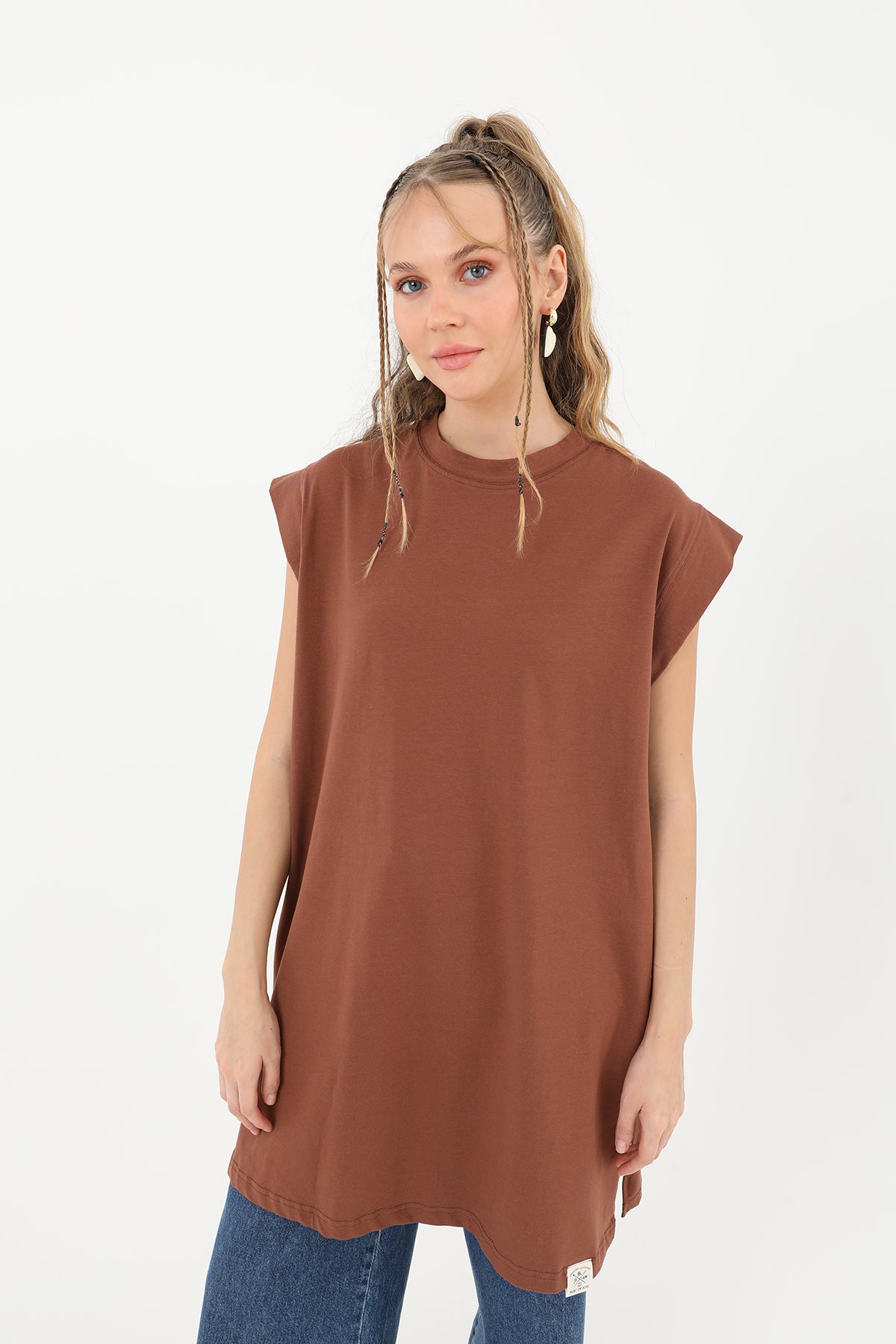 Kadın Basic Kolsuz T-shirt - 30725TUN - BROWN