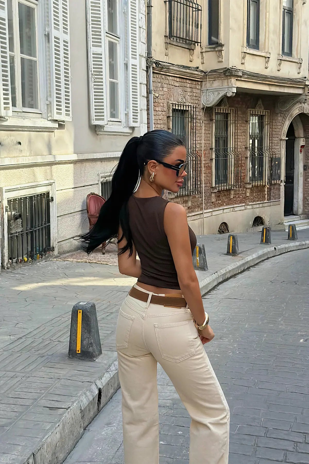 Kahverengi Dantel Detay Crop Top