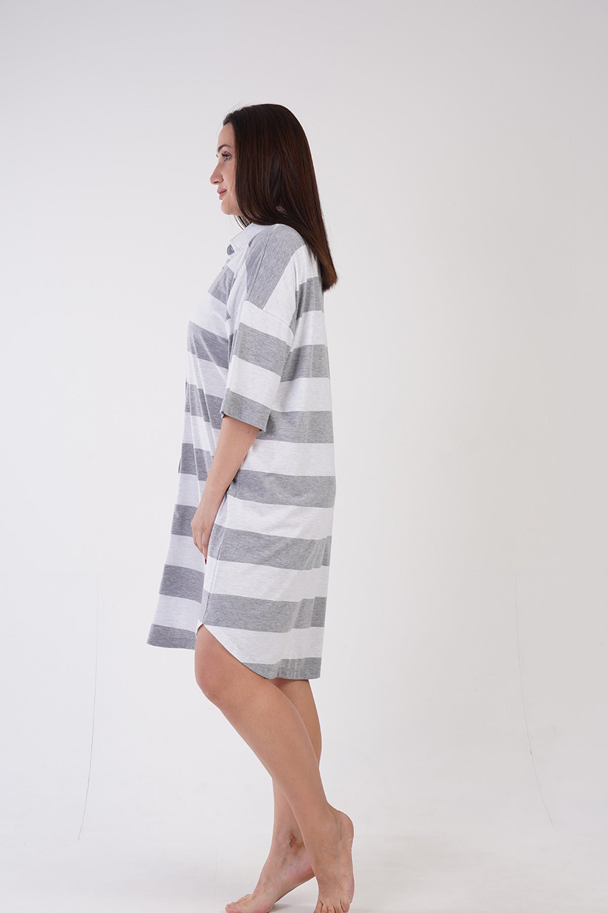 KADIN P.SUPREM XXL DUSUK OMUZLU KISA KOL ETEGI OVAL GOMLEK TUNIK - GRAY MELANGE