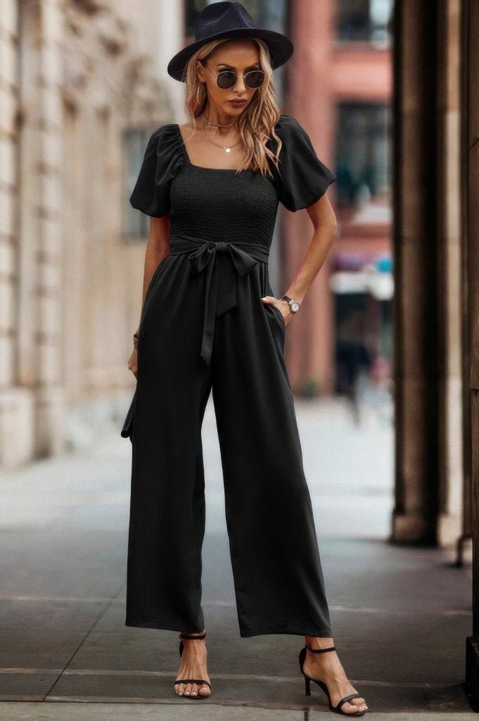 Women's Short Sleeve Square Neck Shirred Bust Tie Waist Long Jumpsuit, 30962