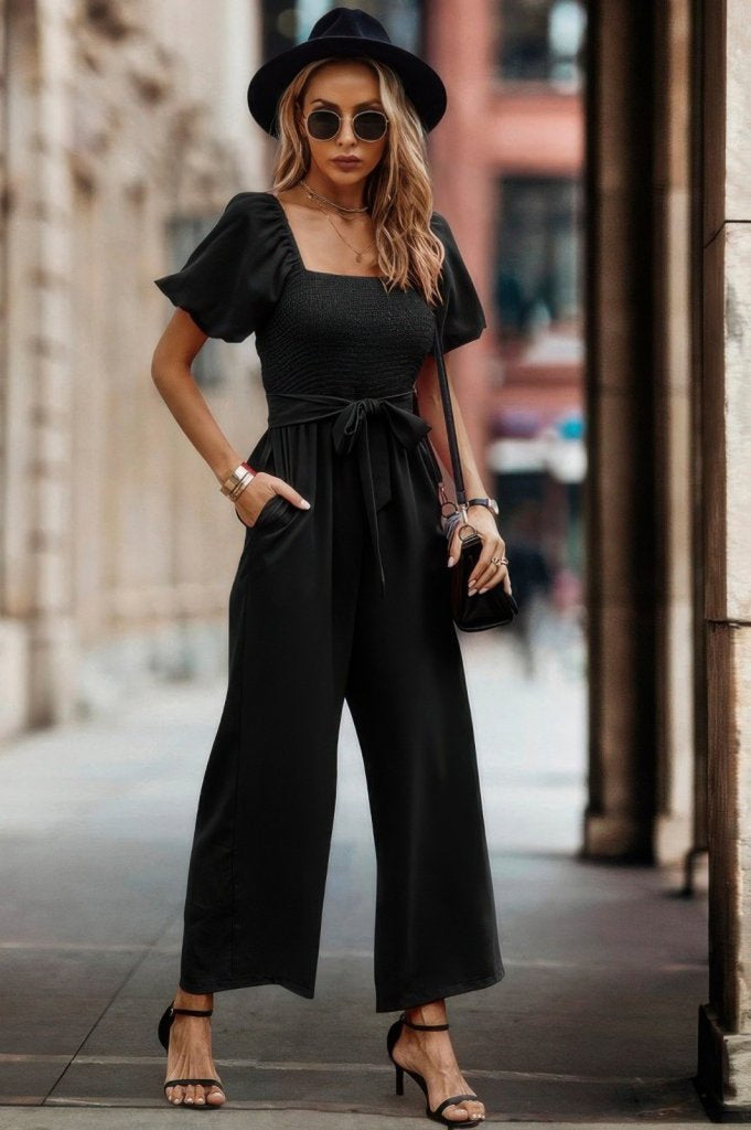 Women's Short Sleeve Square Neck Shirred Bust Tie Waist Long Jumpsuit, 30962
