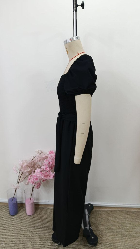 Women's Short Sleeve Square Neck Shirred Bust Tie Waist Long Jumpsuit, 30962