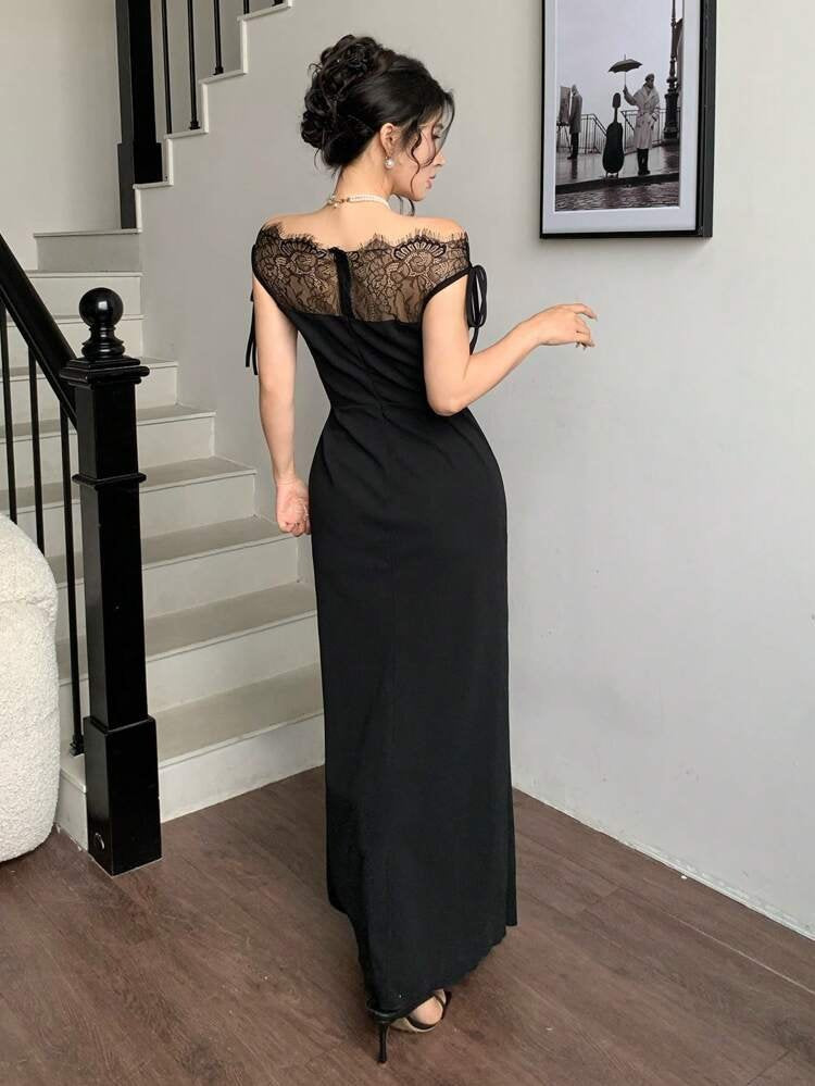 Kadın Göğüs Ve Yakası Dantel Detaylı Kayık Yaka Görünümlü Uzun Ithal Krep Elbise , 36178