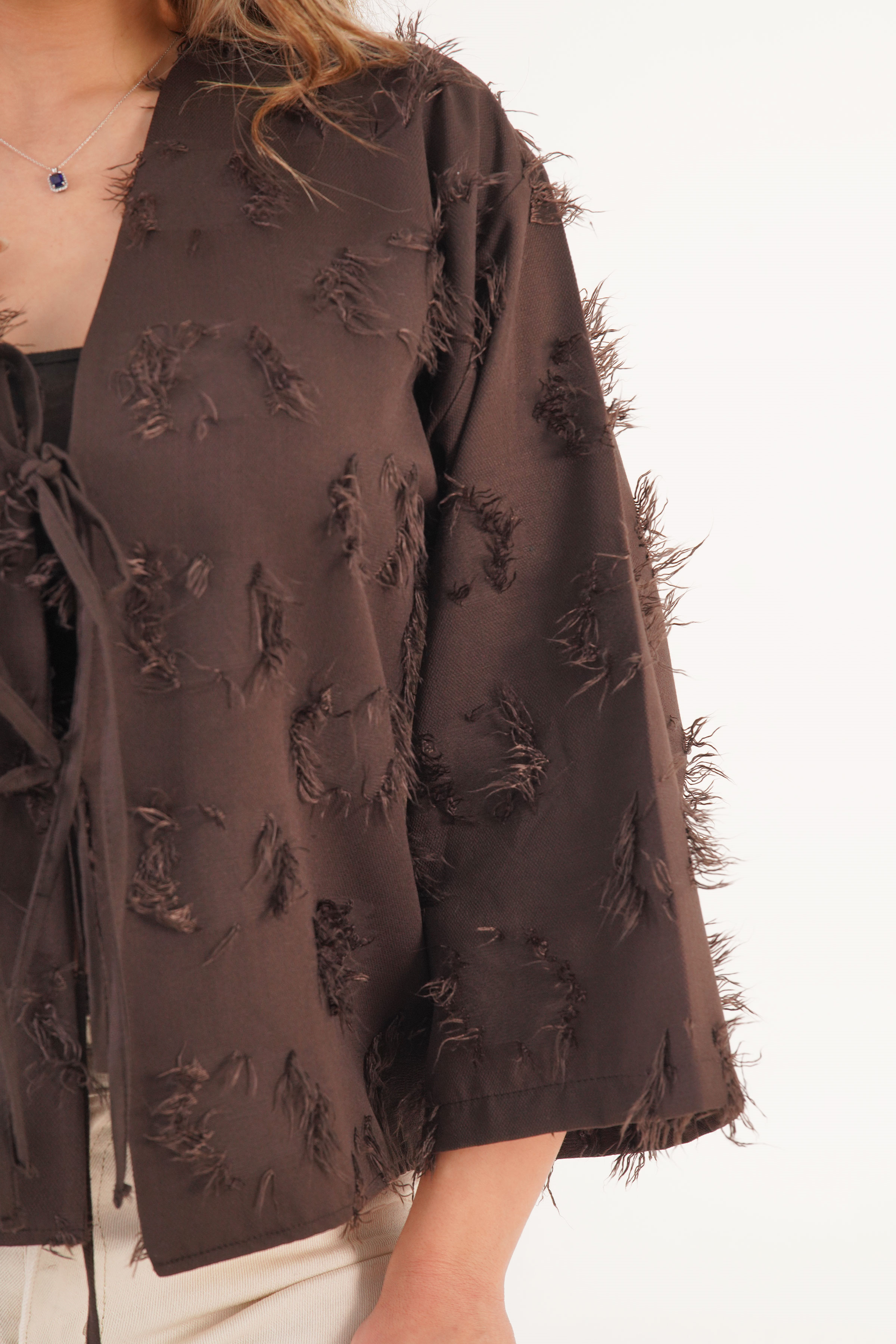 Saçaklı İp Bağlamalı Toptan Kahve Kimono