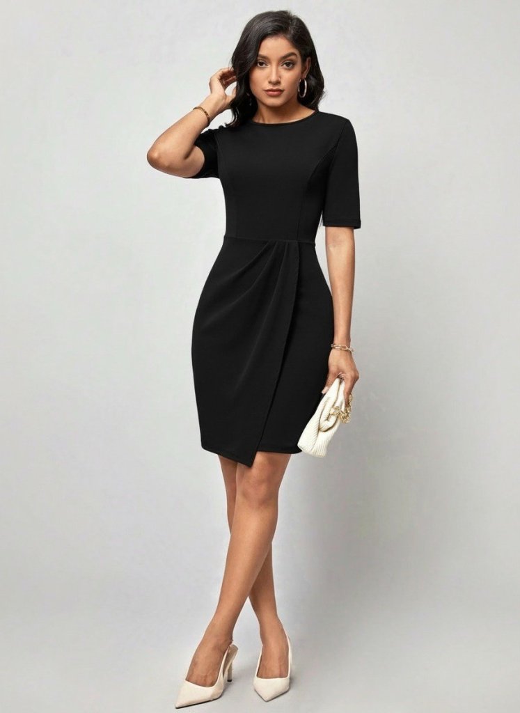 Women's Short Sleeve Crew Neck Ruched Front Mini Imported Crepe Dress, 31003
