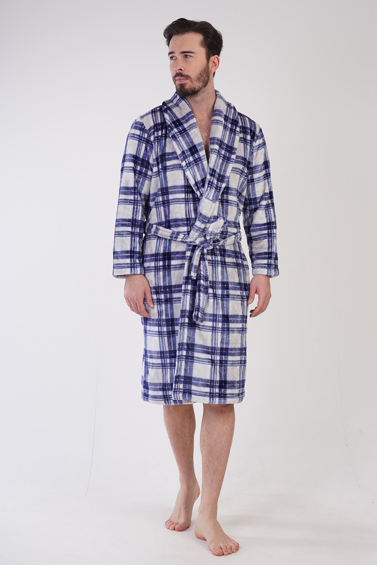MEN'S SOFT, SPIRAL COLLAR, LONG-SLEEVE ROBE WITH POCKETS - INDIGO