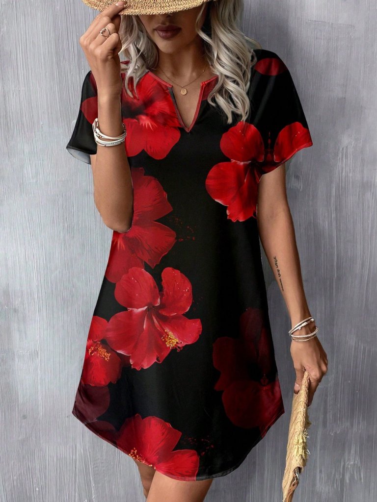 Women's Short Batwing Sleeve V-Neck Floral Print Jersey Short Dress, 31025