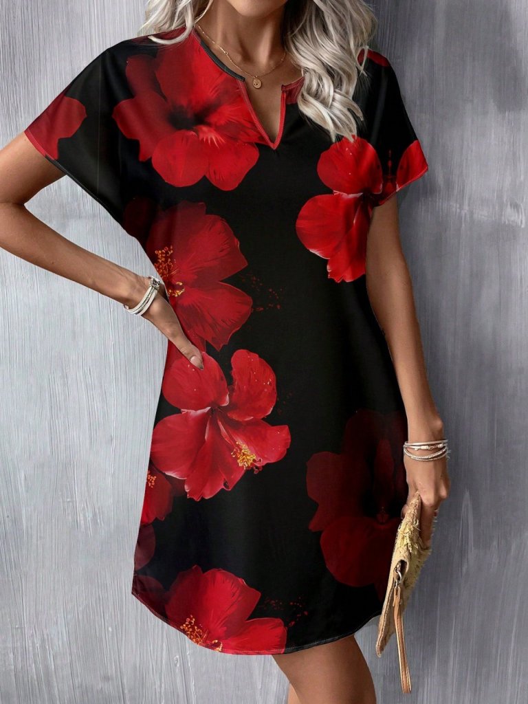 Women's Short Batwing Sleeve V-Neck Floral Print Jersey Short Dress, 31025