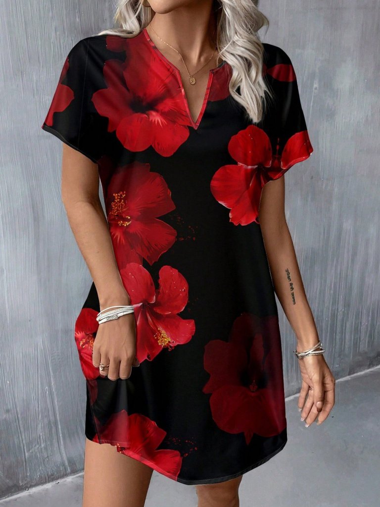 Women's Short Batwing Sleeve V-Neck Floral Print Jersey Short Dress, 31025