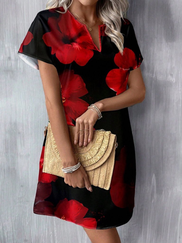 Women's Short Batwing Sleeve V-Neck Floral Print Jersey Short Dress, 31025