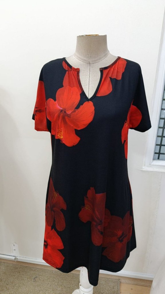 Women's Short Batwing Sleeve V-Neck Floral Print Jersey Short Dress, 31025