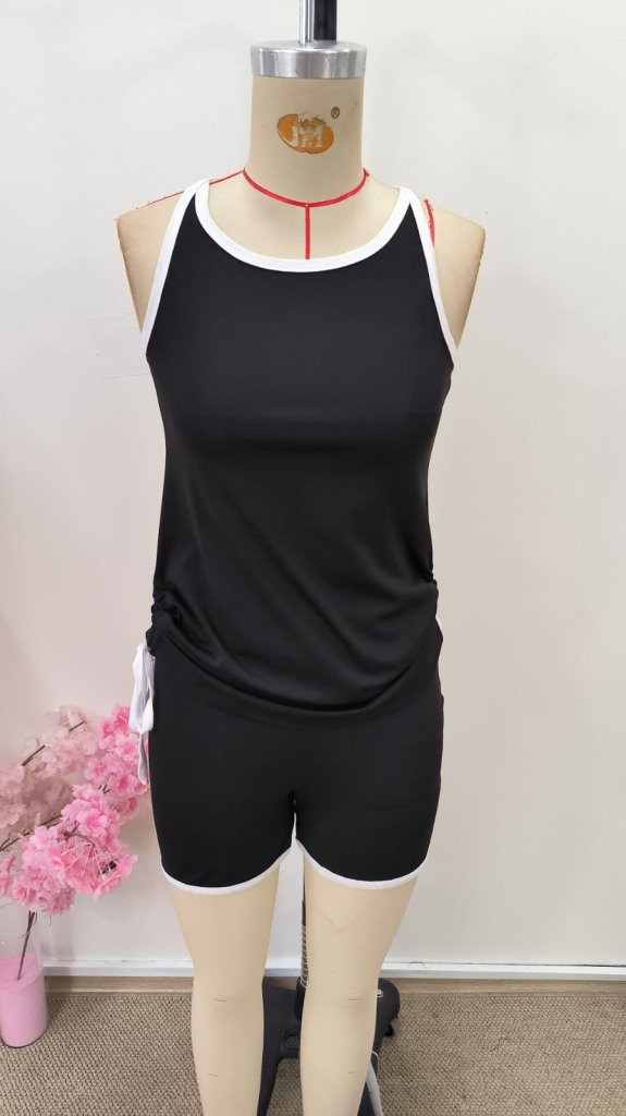 Women's Strappy Round Neck Cross Back Detail Scuba Blouse and Short Two-Piece Set, 31031