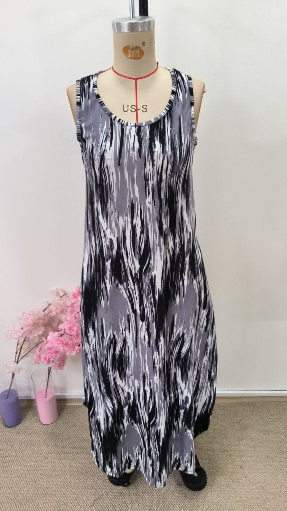 Women's Strappy Round Neck Pocketed Long Patterned Suprem Dress, 31109