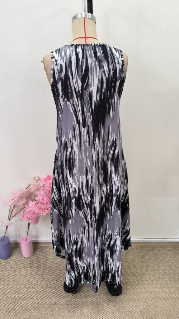 Women's Strappy Round Neck Pocketed Long Patterned Suprem Dress, 31109