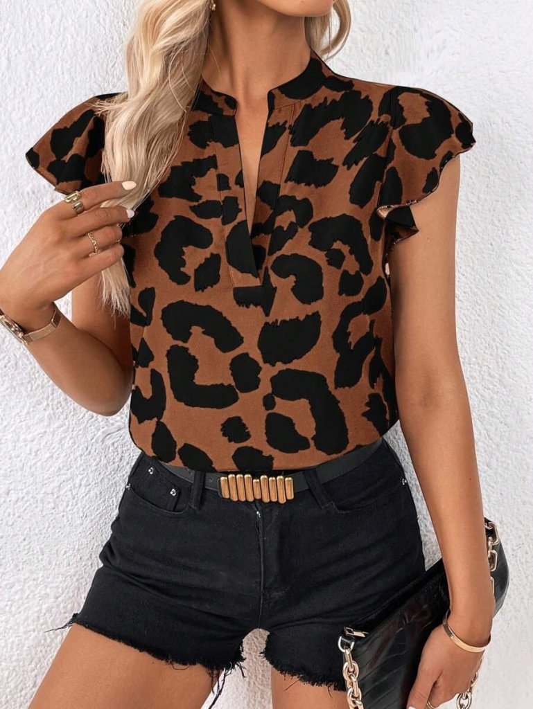 Women's Short Ruffle Sleeve V-Neck Leopard Print Supra Blouse, 31118