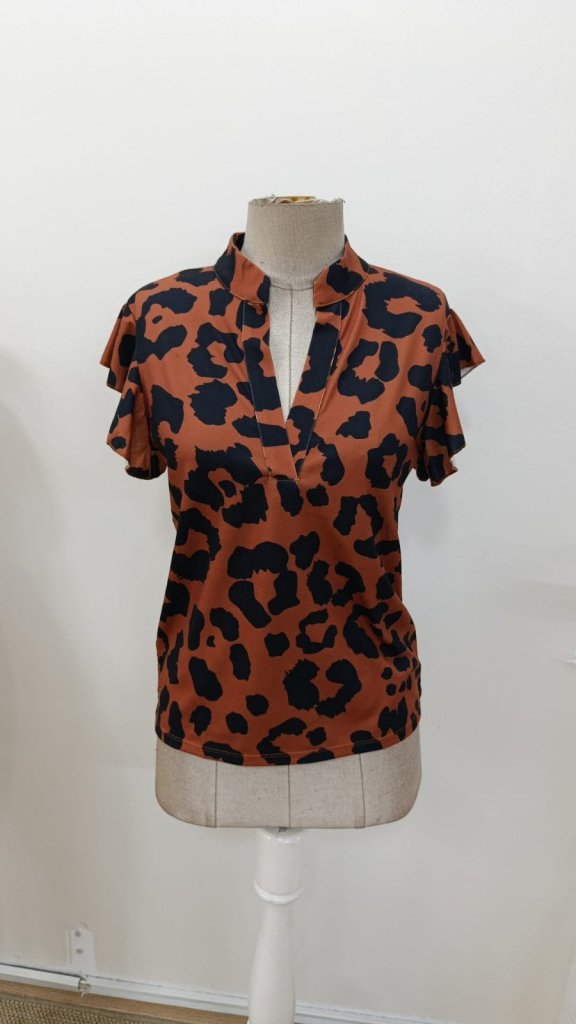 Women's Short Ruffle Sleeve V-Neck Leopard Print Supra Blouse, 31118