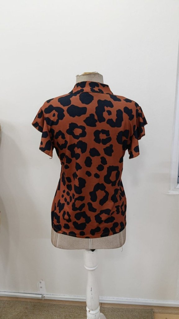Women's Short Ruffle Sleeve V-Neck Leopard Print Supra Blouse, 31118
