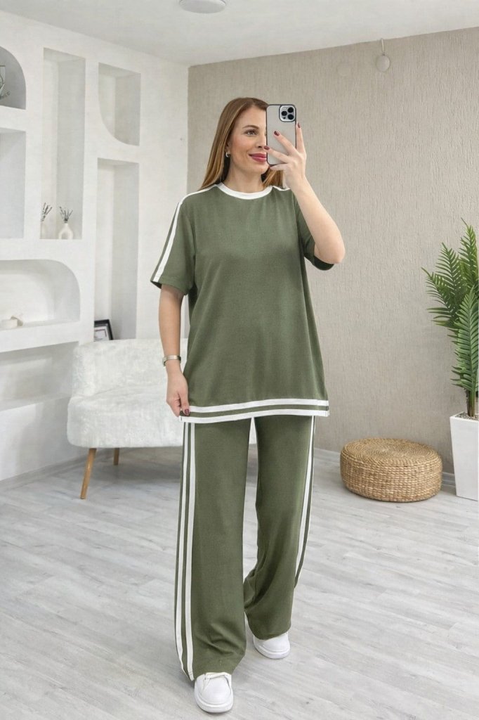 Kadın Kısa Kollu Bisiklet Yaka çift Renk şerit Detaylı Viskon Iki Iplik Bluz Ve Pantolon Ikili Takım , 33930