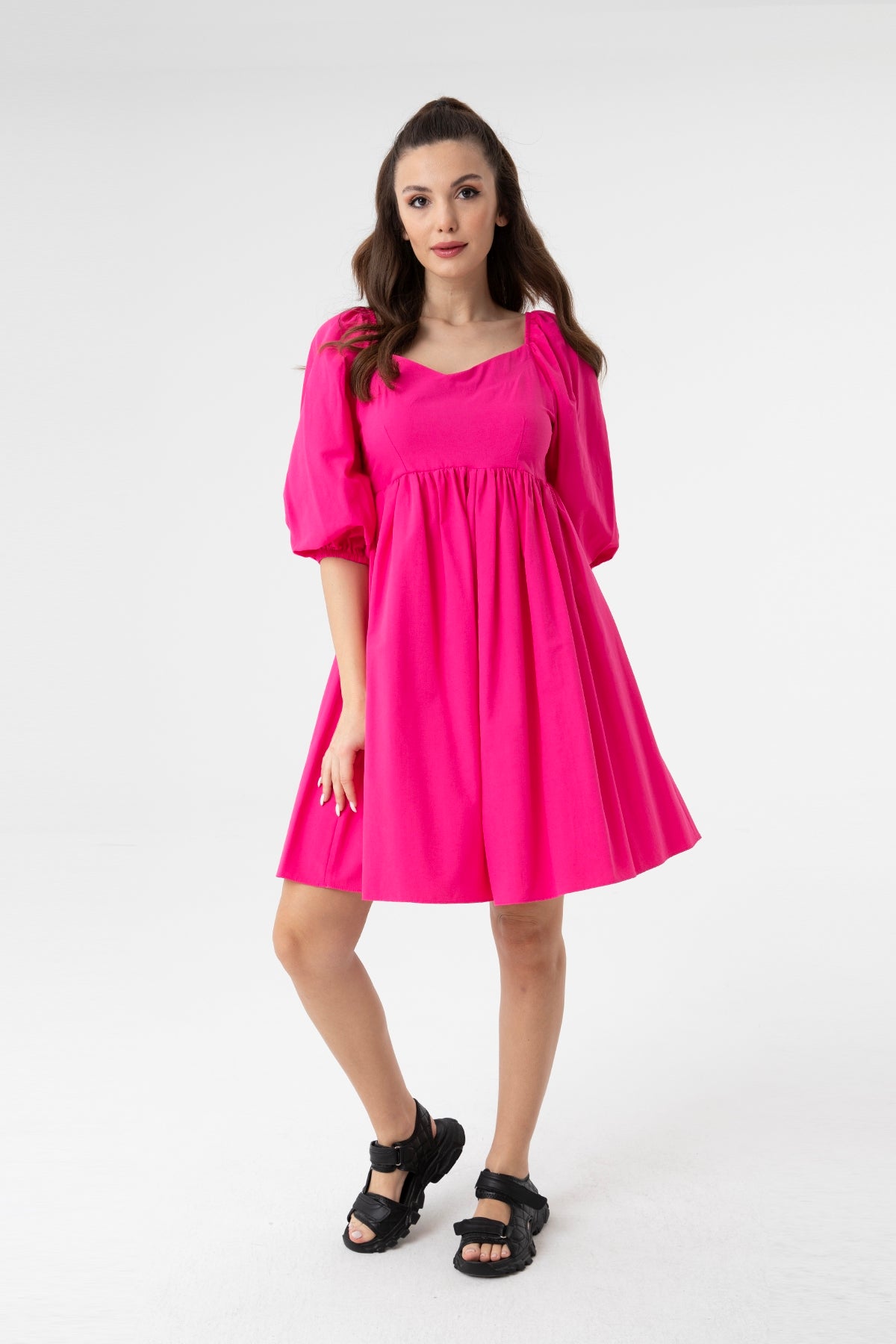 Women's V-Neck Balloon Sleeve Gathered Mini Dress-31153ELB