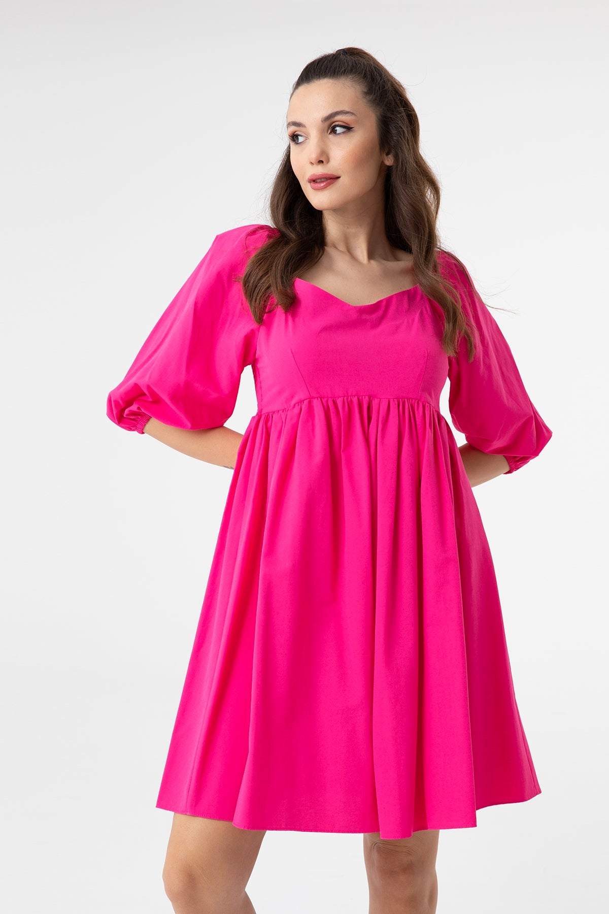 Women's V-Neck Balloon Sleeve Gathered Mini Dress-31153ELB