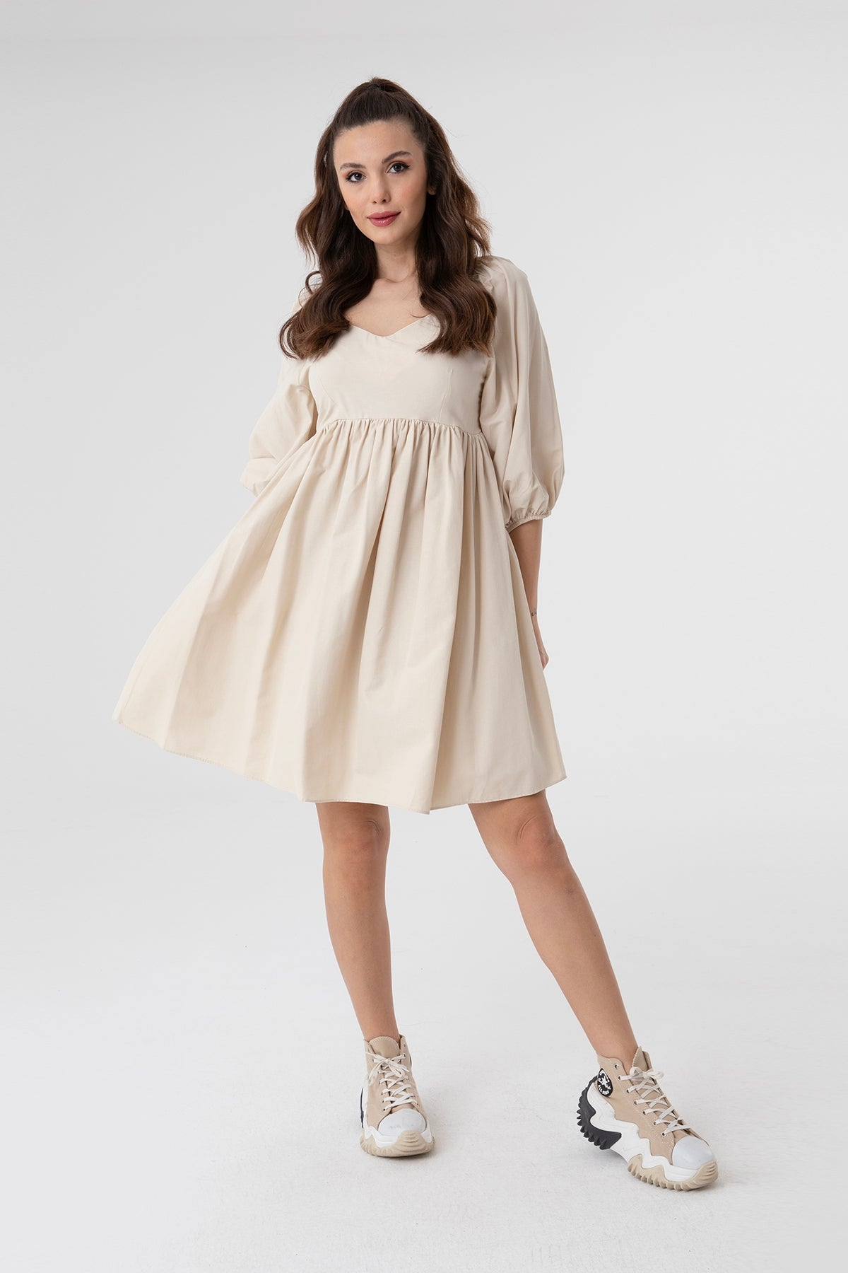 Women's V-Neck Balloon Sleeve Gathered Mini Dress-31153ELB