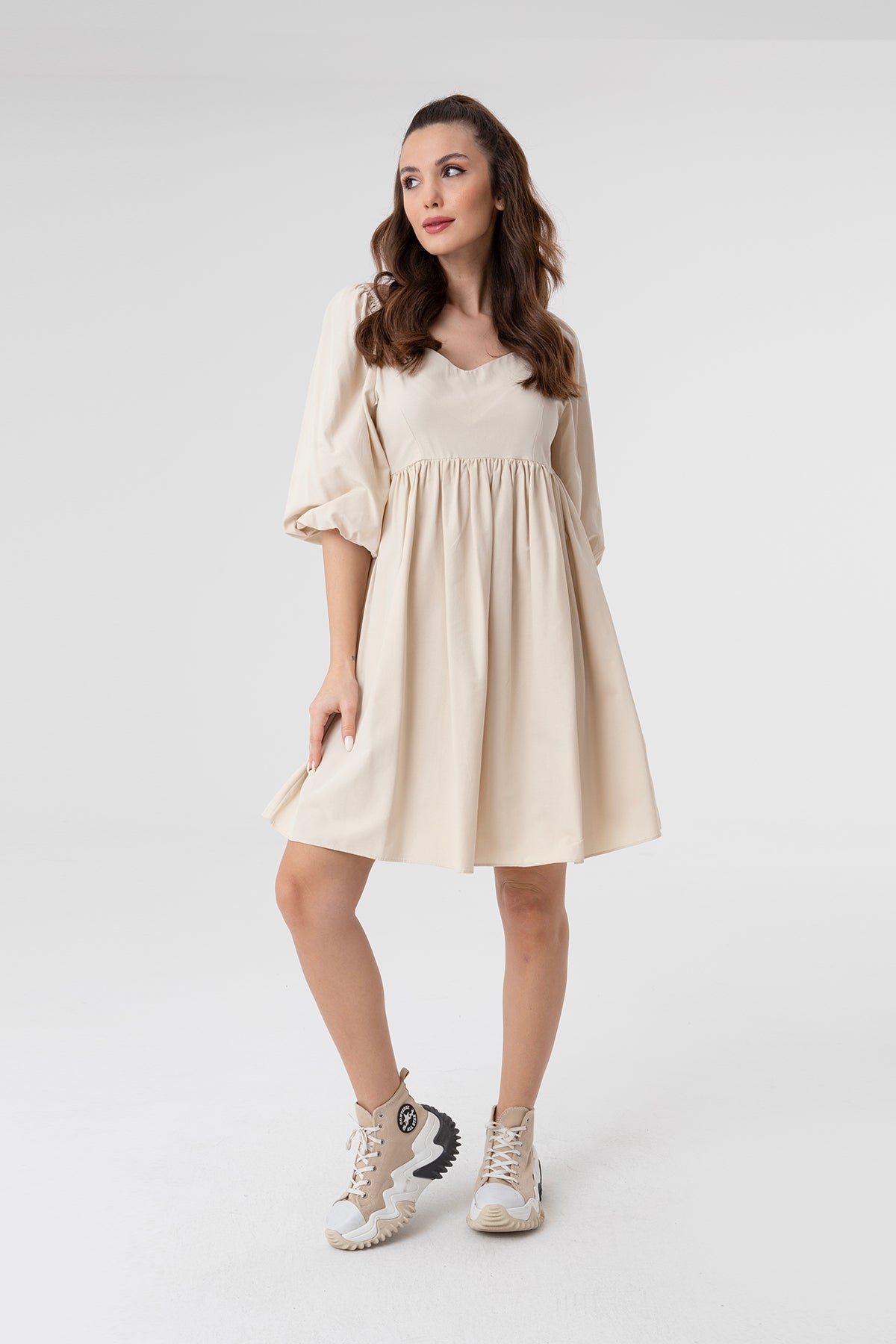 Women's V-Neck Balloon Sleeve Gathered Mini Dress-31153ELB