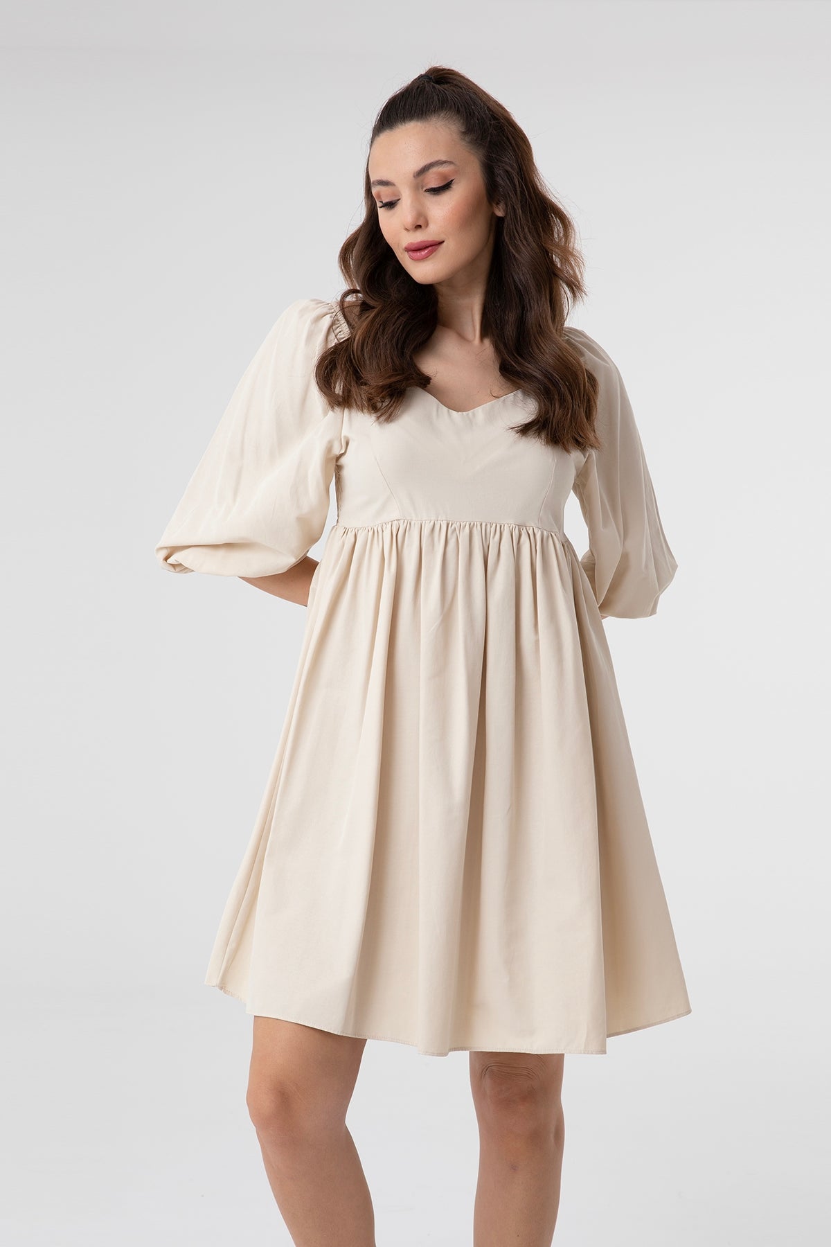 Women's V-Neck Balloon Sleeve Gathered Mini Dress-31153ELB
