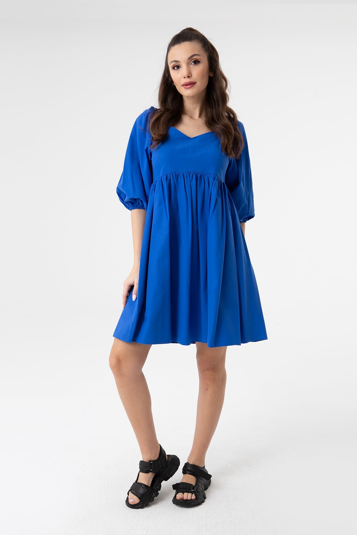 Women's V-Neck Balloon Sleeve Gathered Mini Dress-31153ELB