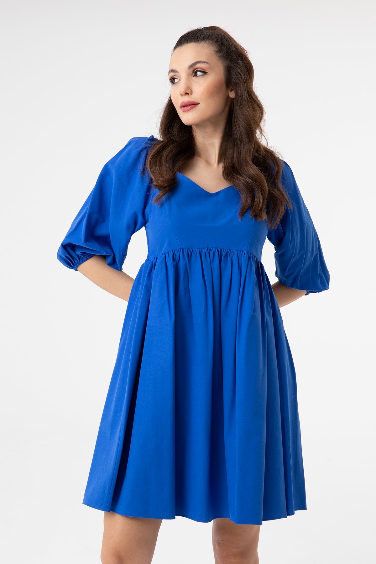 Women's V-Neck Balloon Sleeve Gathered Mini Dress-31153ELB