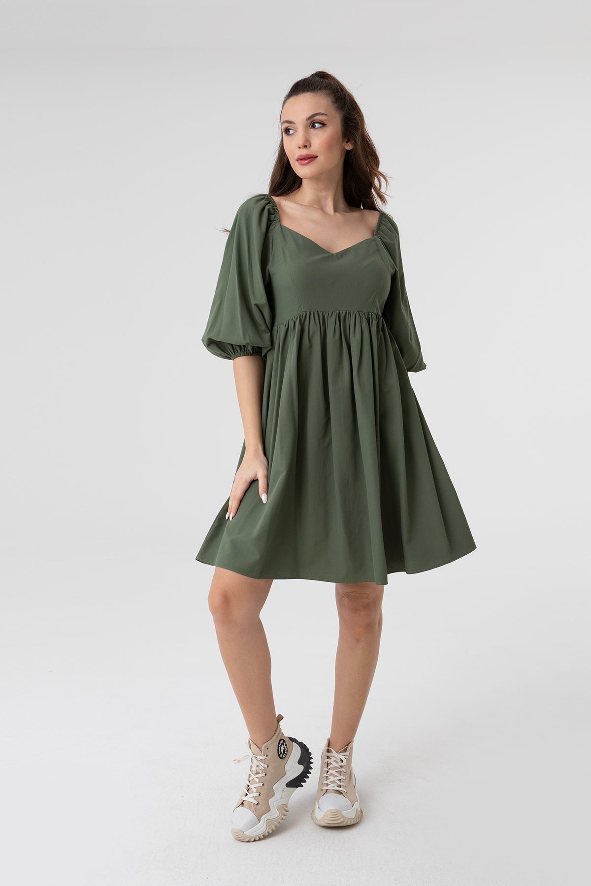 Women's V-Neck Balloon Sleeve Gathered Mini Dress-31153ELB