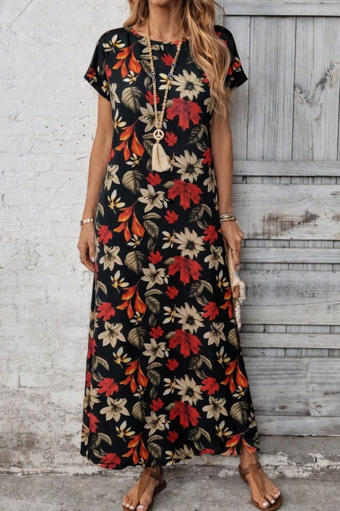 Women's Short Sleeve Crew Neck Floral Pattern Long Supima Dress, 31168