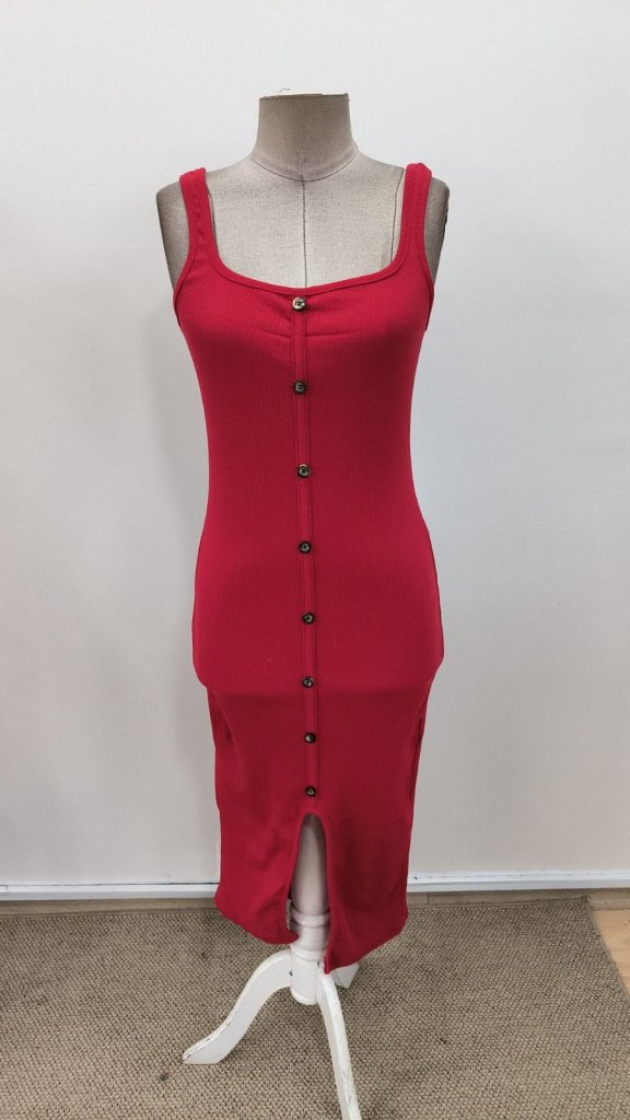 Women's Strappy Square Neck Button-Front Midi Ribbed Dress, 31319