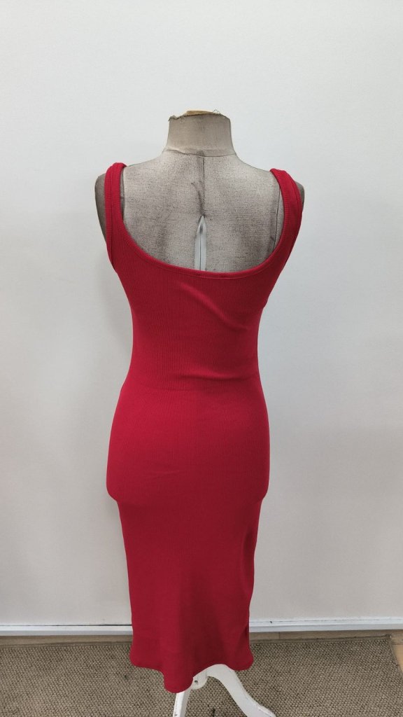 Women's Strappy Square Neck Button-Front Midi Ribbed Dress, 31319