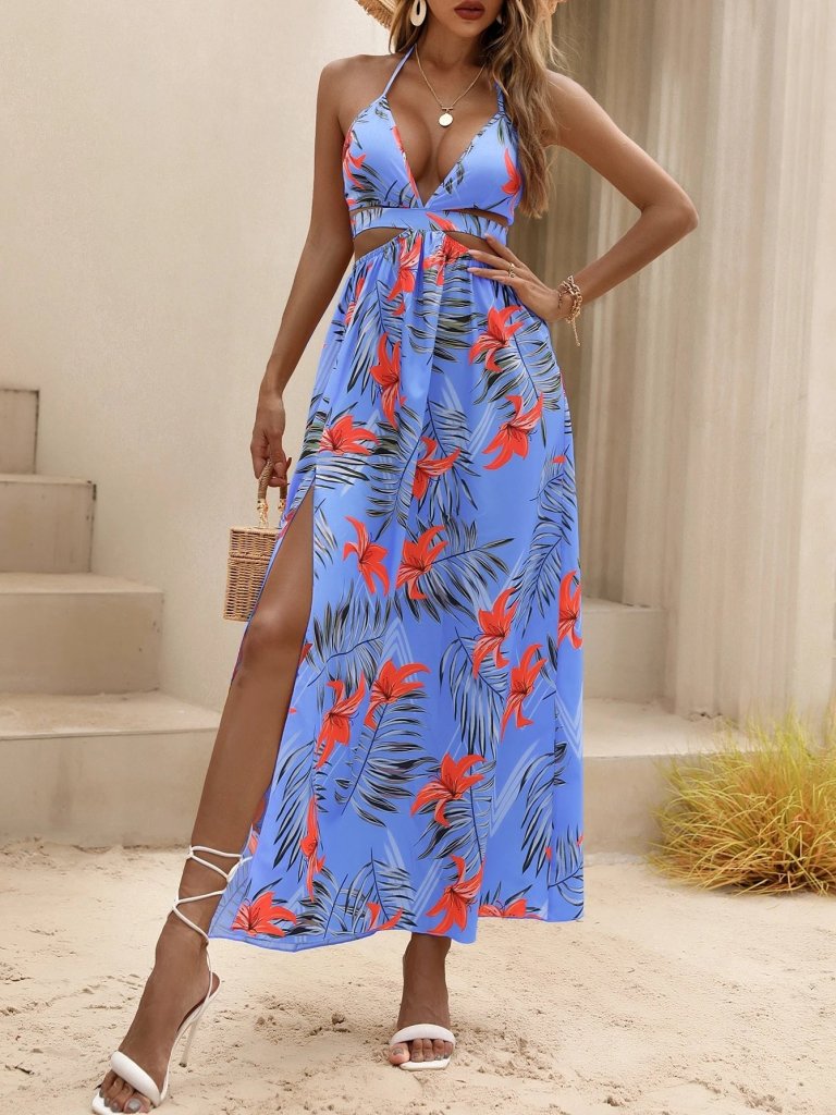 Women's Thin Strap Halter Neck V-Neck Slit Long Patterned Supreme Dress, 31350