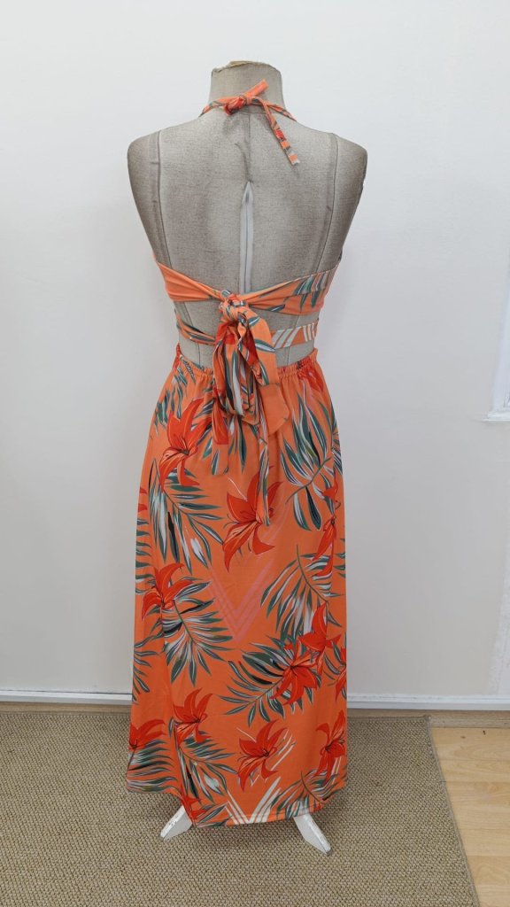 Women's Spaghetti Strap Halter Neck V-Neck Slit Long Patterned Supreme Dress, 31352