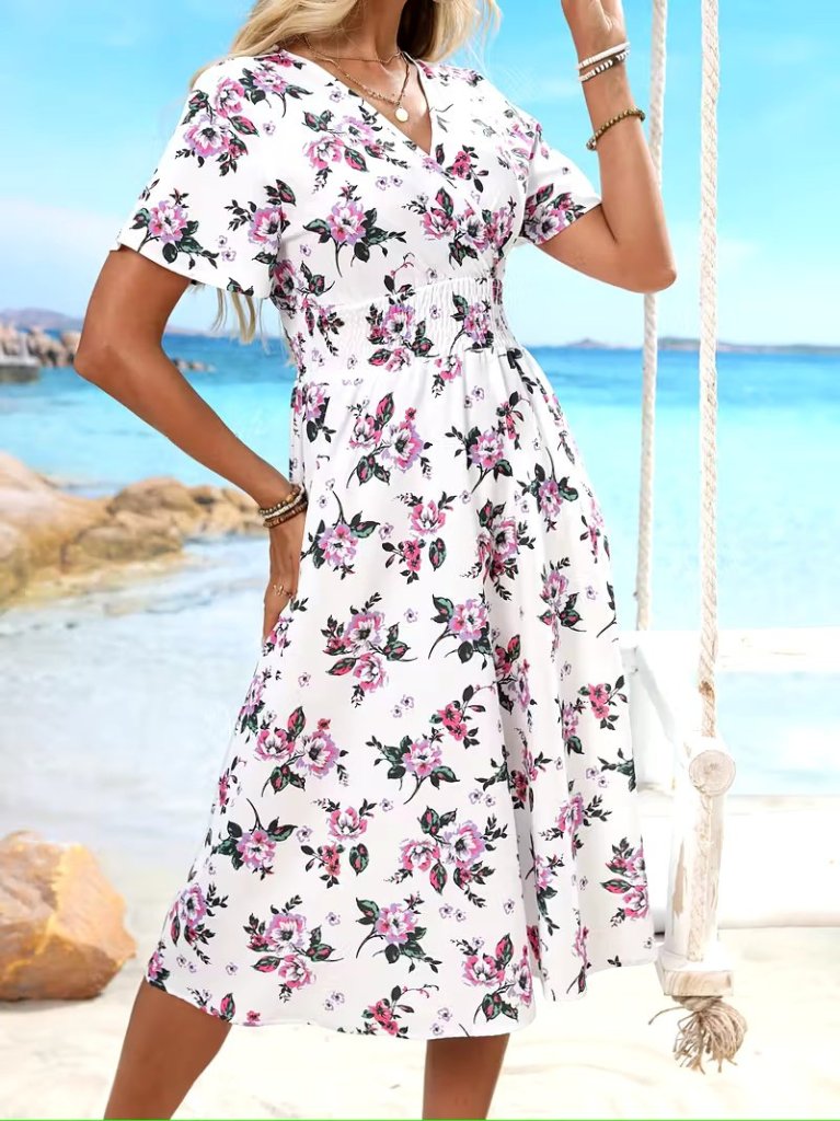 Women's Short Sleeve Wrap Neck Patterned Mini Supra Dress, 32715