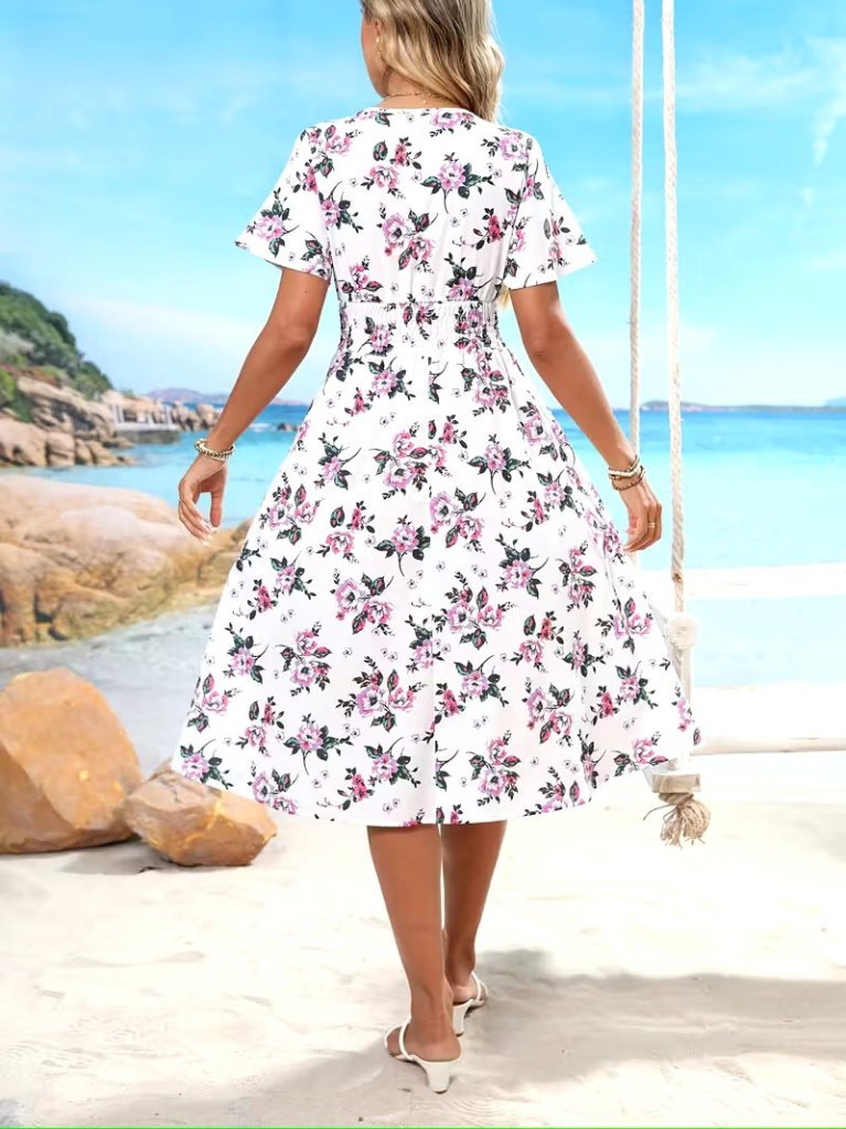 Women's Short Sleeve Wrap Neck Patterned Mini Supra Dress, 32715