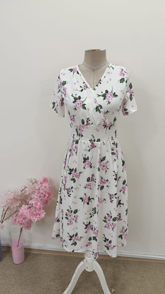 Women's Short Sleeve Wrap Neck Patterned Mini Supra Dress, 32715