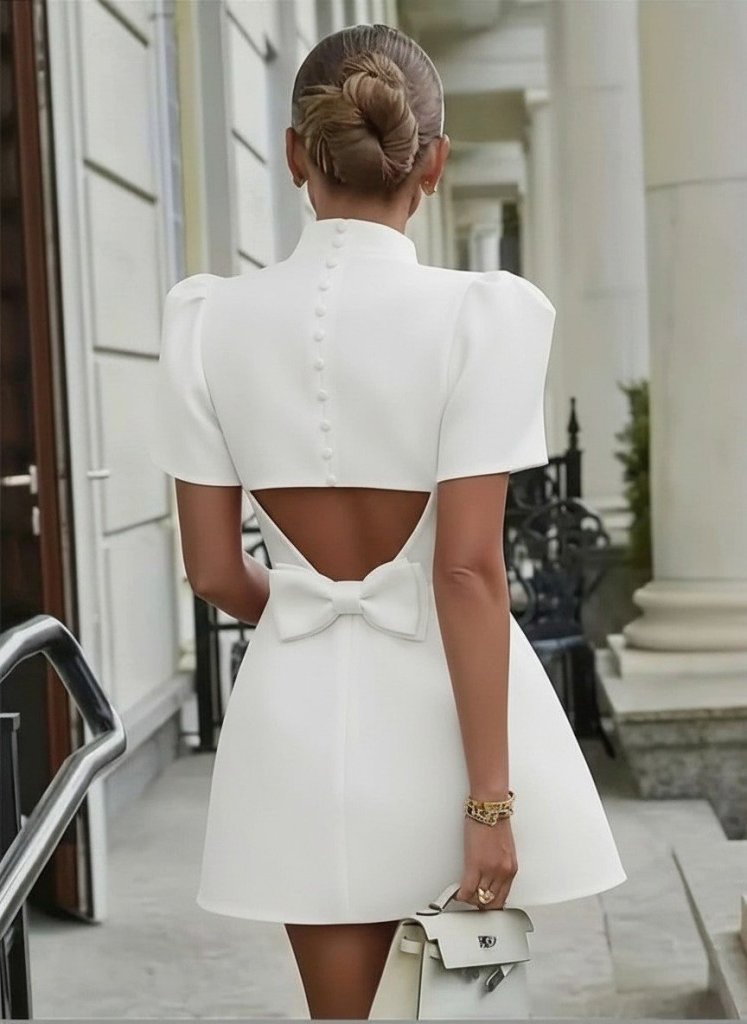 Women's Short Sleeve Turtle Neck Back Cut-Out Butterfly Detail Short Satin Dress, 31417