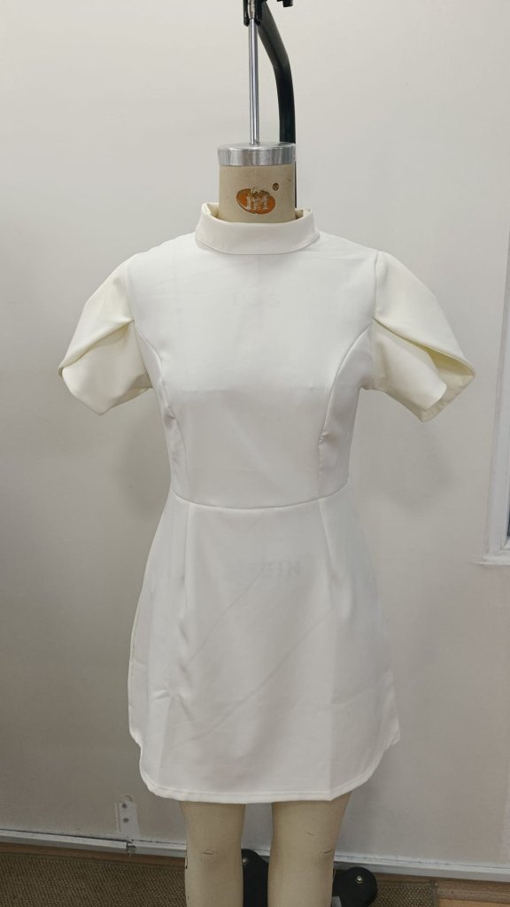 Women's Short Sleeve Turtle Neck Back Cut-Out Butterfly Detail Short Satin Dress, 31417