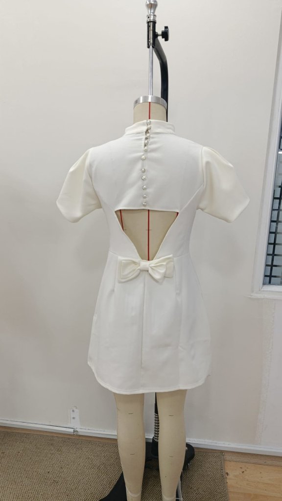 Women's Short Sleeve Turtle Neck Back Cut-Out Butterfly Detail Short Satin Dress, 31417