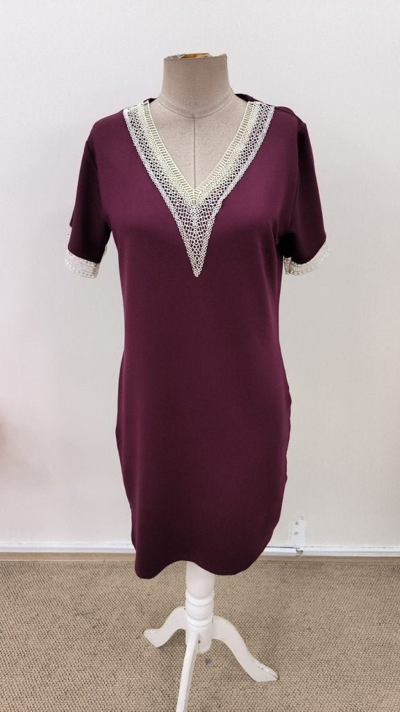Women's Short Sleeve V-Neck Lace Viscose Two-Thread Dress, 33671