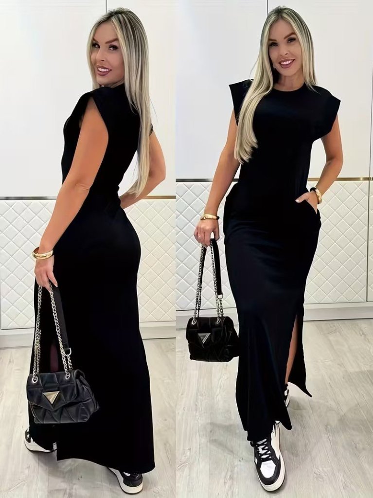 Women's Short Sleeve Padded Pocket Detail Slit Viscose Long Dress, 31499