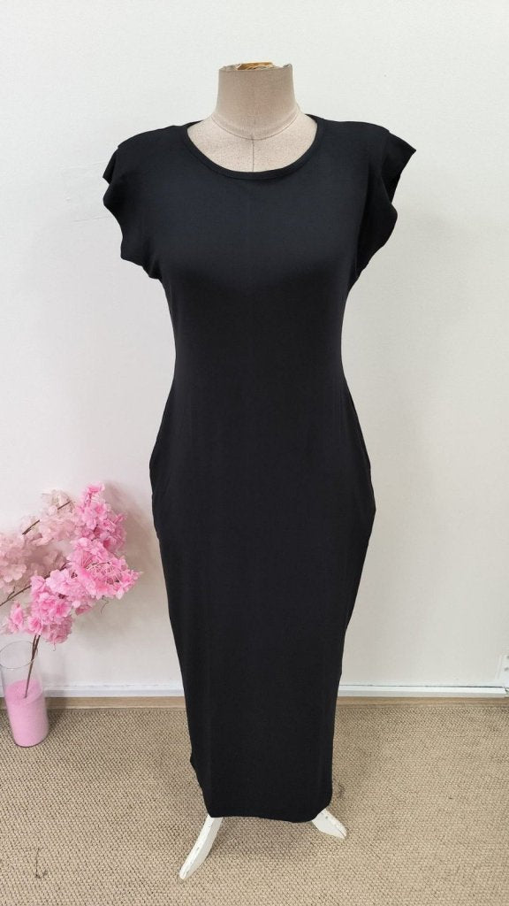 Women's Short Sleeve Padded Pocket Detail Slit Viscose Long Dress, 31499
