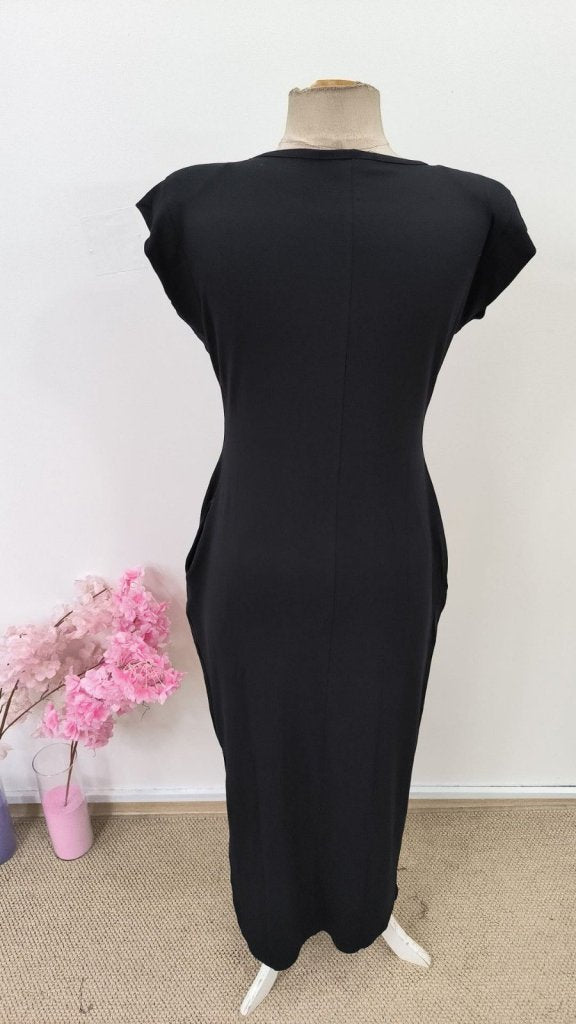 Women's Short Sleeve Padded Pocket Detail Slit Viscose Long Dress, 31499