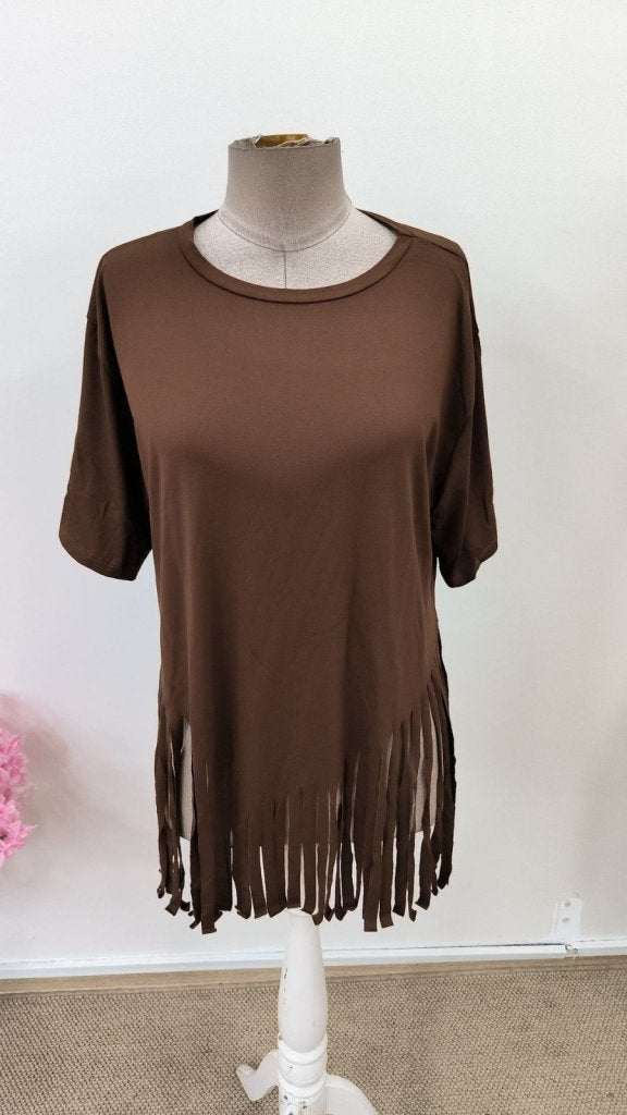 Women's Short Sleeve Crew Neck Tasseled Viscose Blouse, 31536