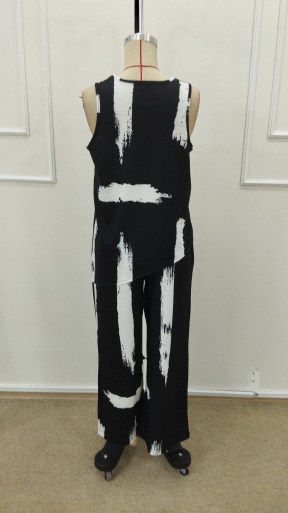 Women's Sleeveless Crewneck Patterned Blouse and Pants Two-Piece Set, 31600