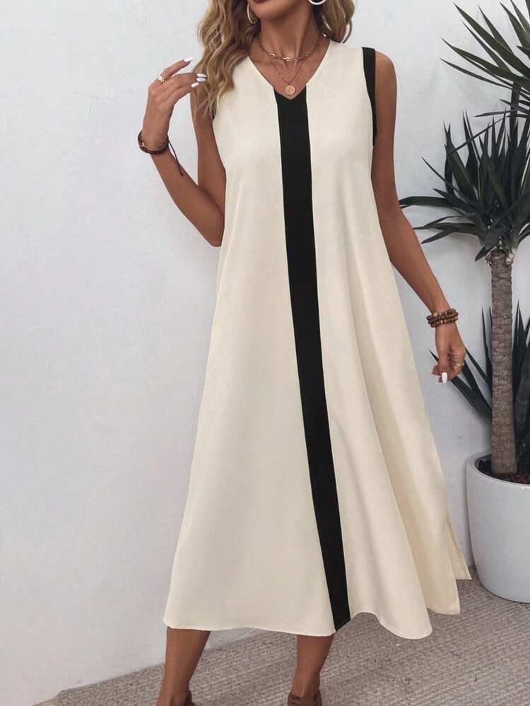 Women's Strappy V-Neck Striped Front Slit Aerobin Long Dress, 34078
