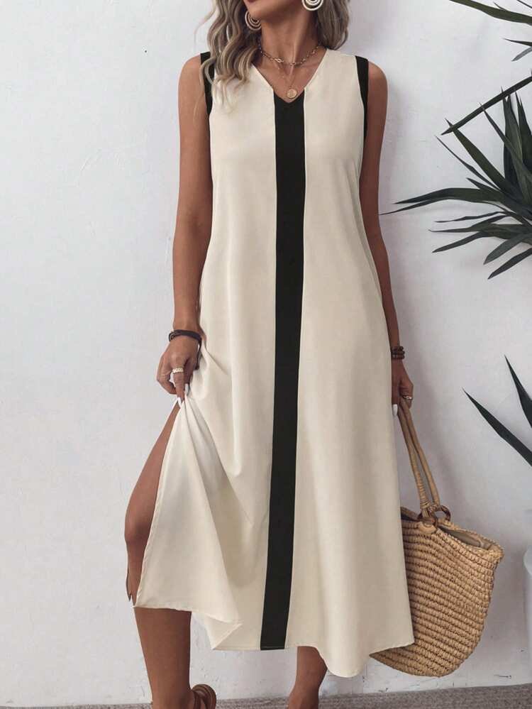 Women's Strappy V-Neck Striped Front Slit Aerobin Long Dress, 34078